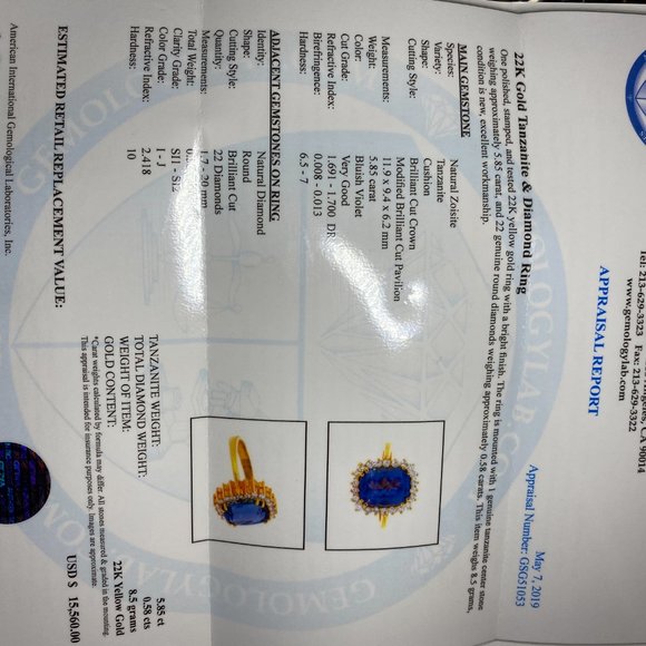 Certified Tanzanite 5.85ct Diamonds 22K Gold Ring - Picture 8 of 8